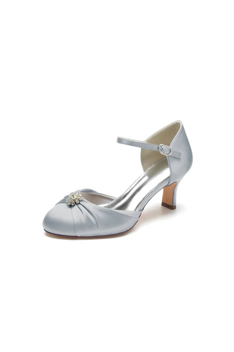 Satin Pointed Toe Strap Buckle Stiletto Heels With Rhinestone