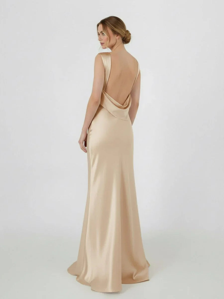Sheath High Bateau Neck Backless Silk Satin Wedding Dress