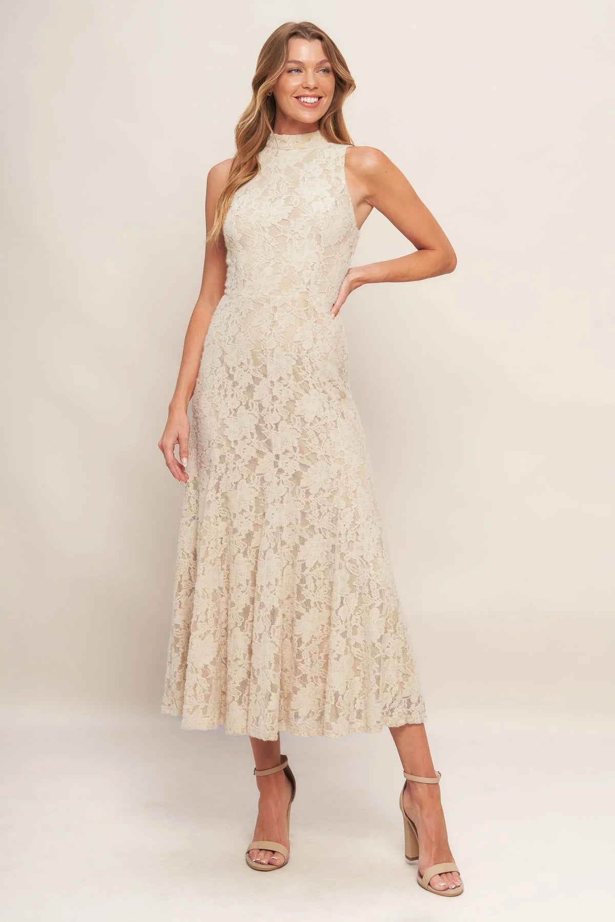 ELEGANT FLORAL STRETCH LACE MIDI DRESS