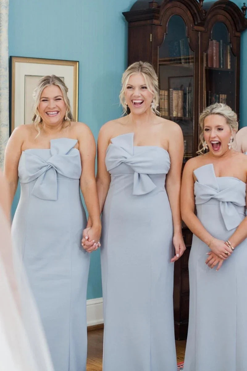 Strapless Tie Front Sky Blue Sheath Long Bridesmaid Dress