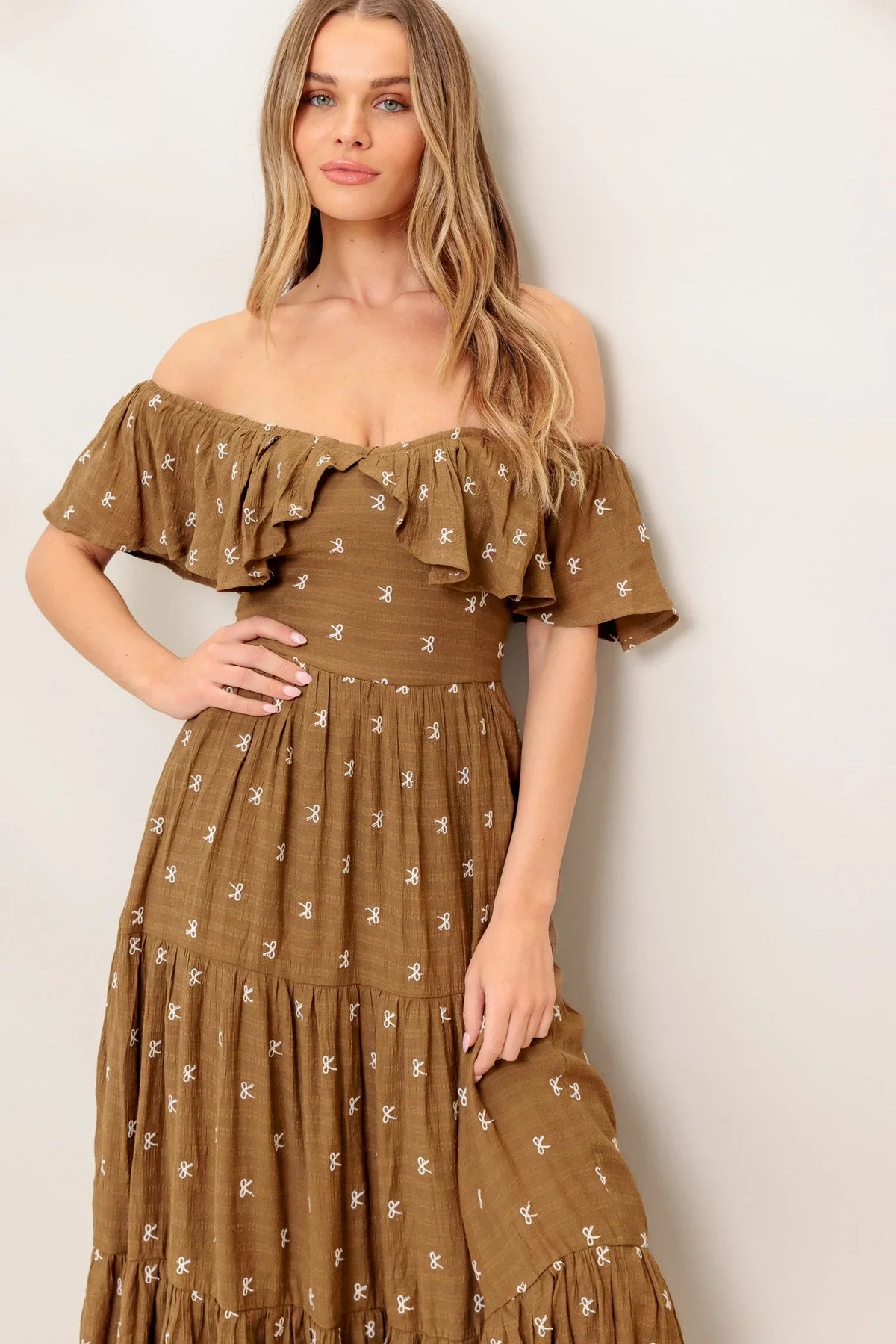 BELLE AMOUR OFF SHOULDER BROWN MIDI DRESS