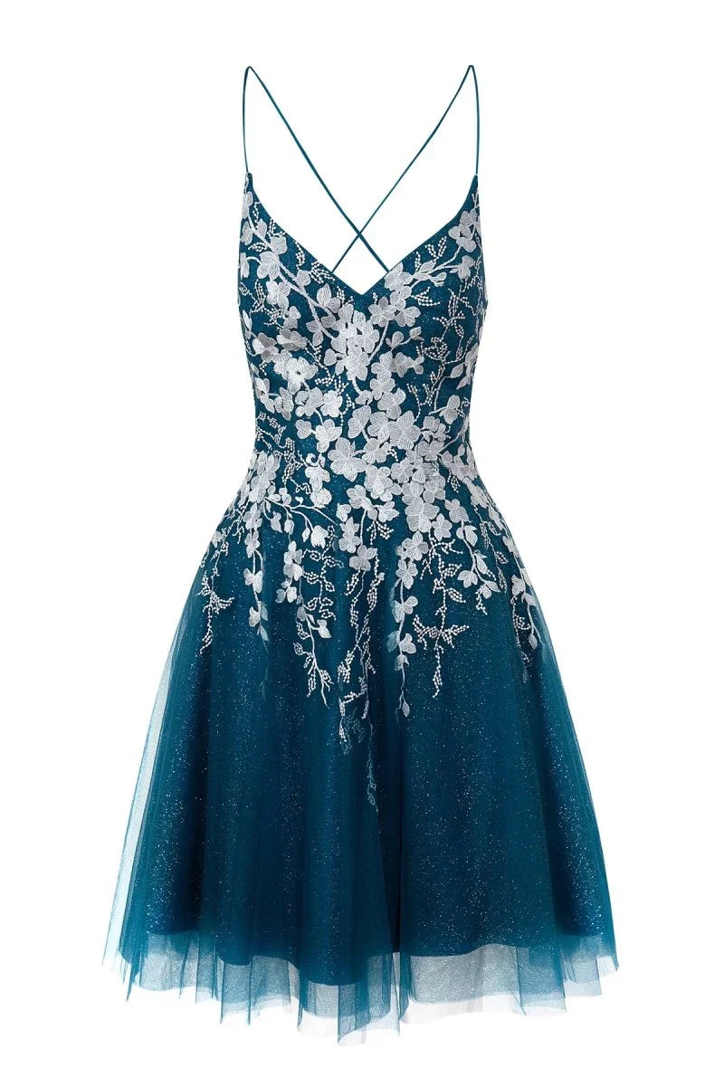 Aline Short Glitter Tulle Homecoming Dress with Appliques
