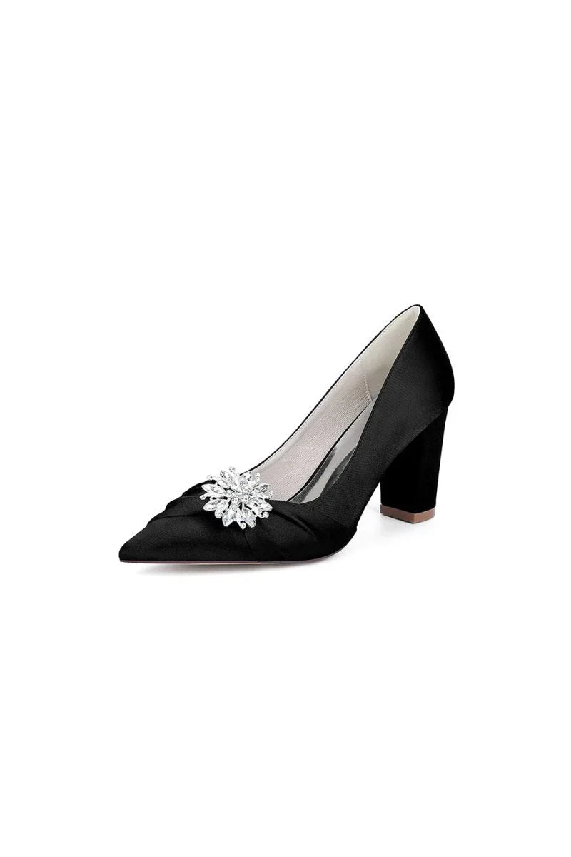 Black Satin High Heels with a Crystal Flower Accent