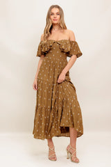 BELLE AMOUR OFF SHOULDER BROWN MIDI DRESS