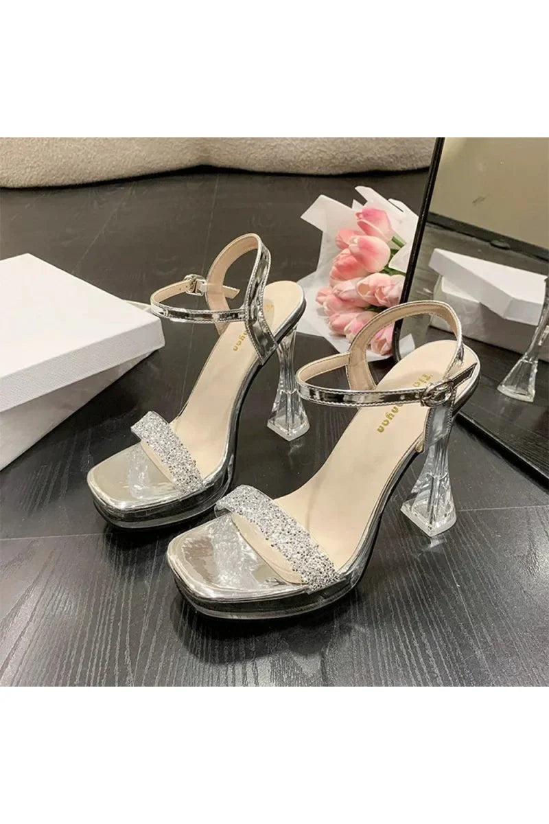 Open Toe Transparent Stiletto Heel Buckle Party Shoes With Rhinestone