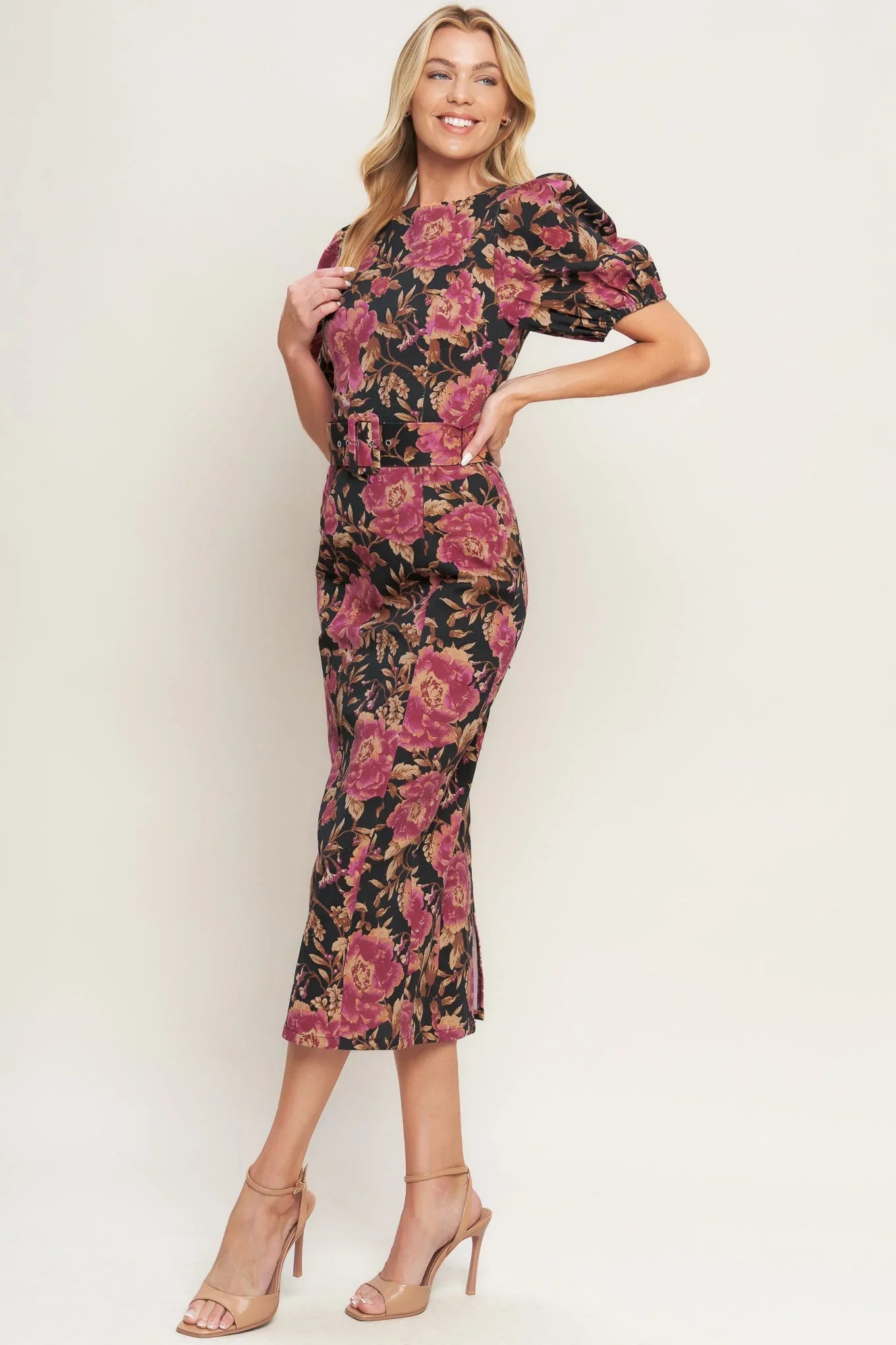 ROSE PUFF SLEEVE FITTED MIDI DRESS
