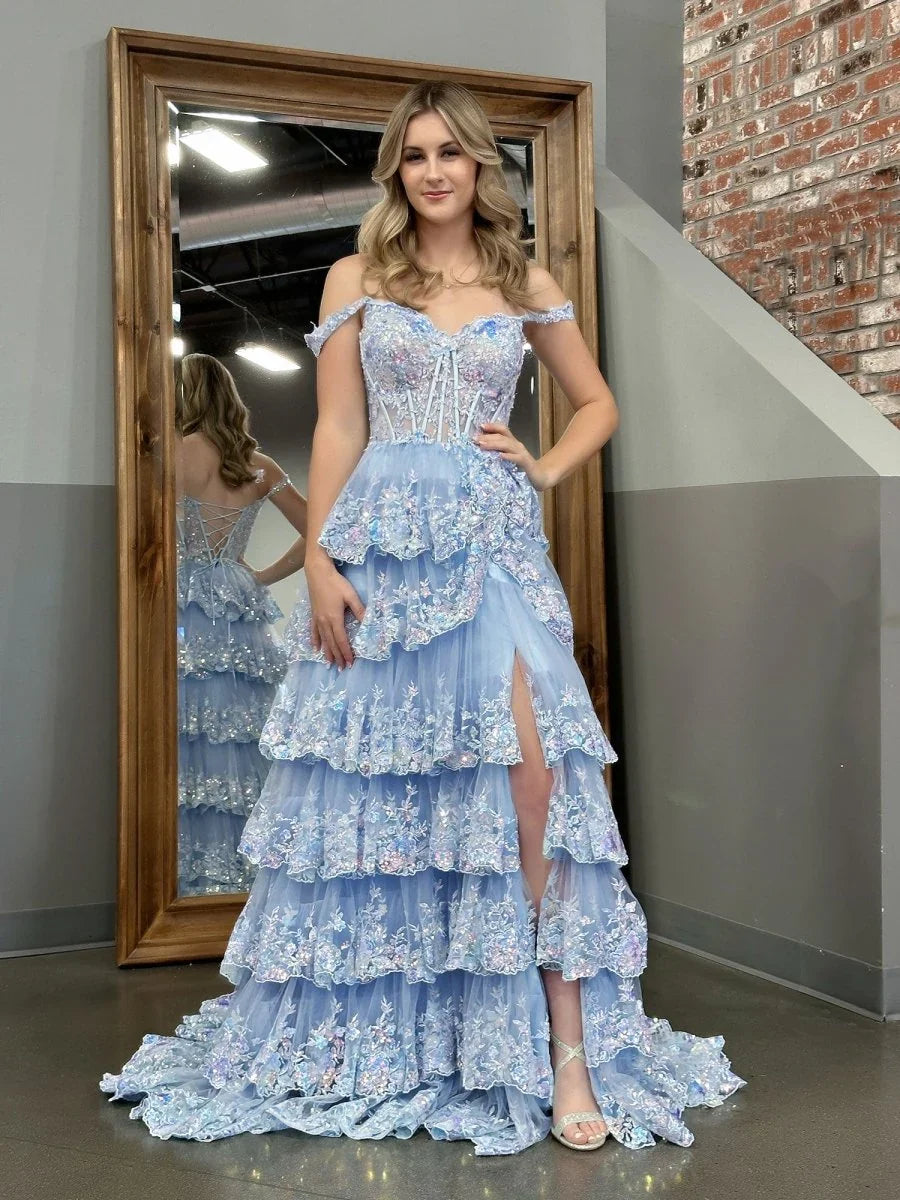 Blue Crystal Sequins Princess A Line Off the Shoulder Prom Dress with Lace Ruffles
