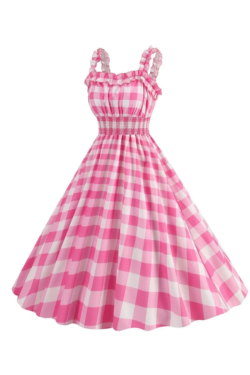 Pink Plaid A Line Smocked 1950s Dress