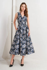 NAVY FLORAL JACQUARD MIDI DRESS WITH POCKETS