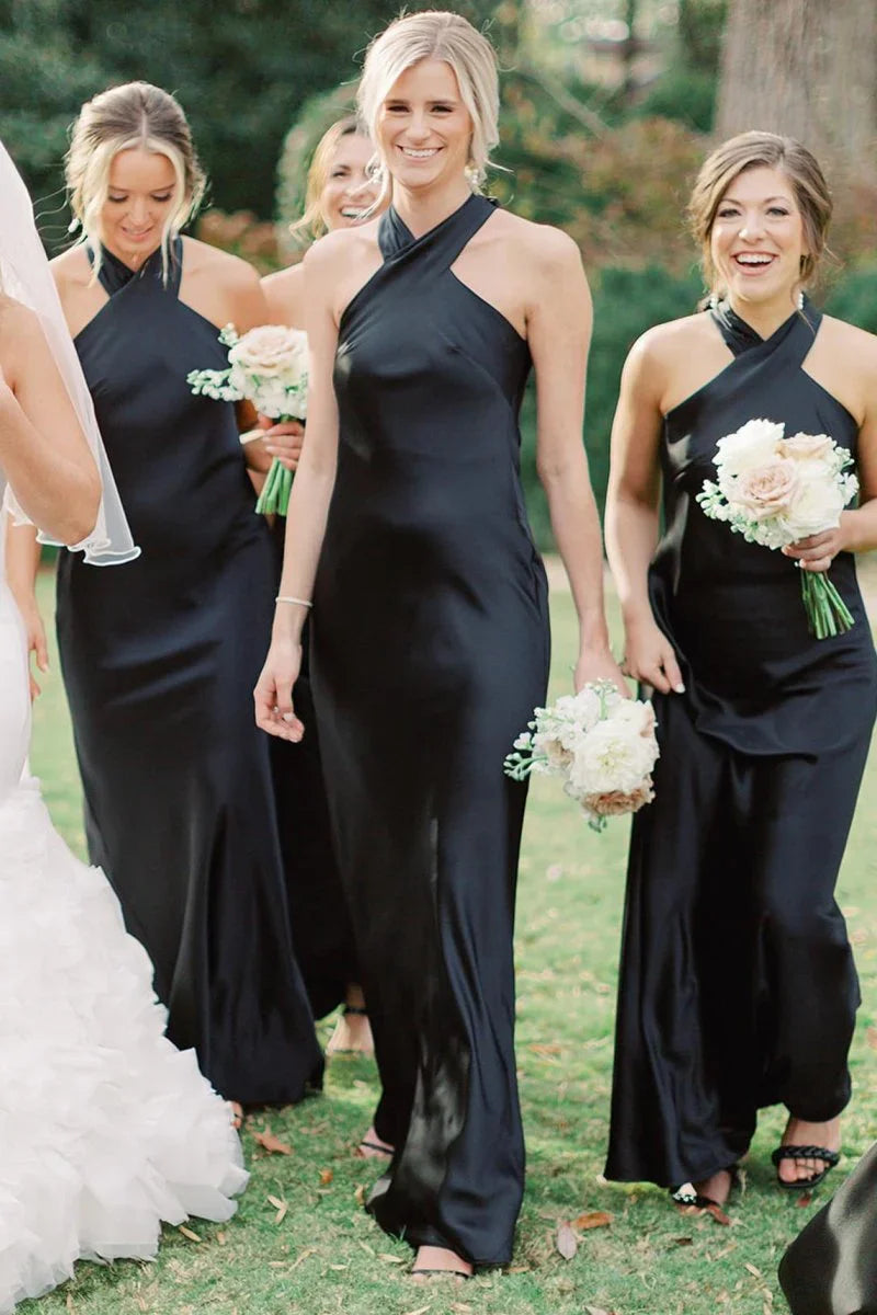 Black Halter Cutout Back Long Bridesmaid Dress