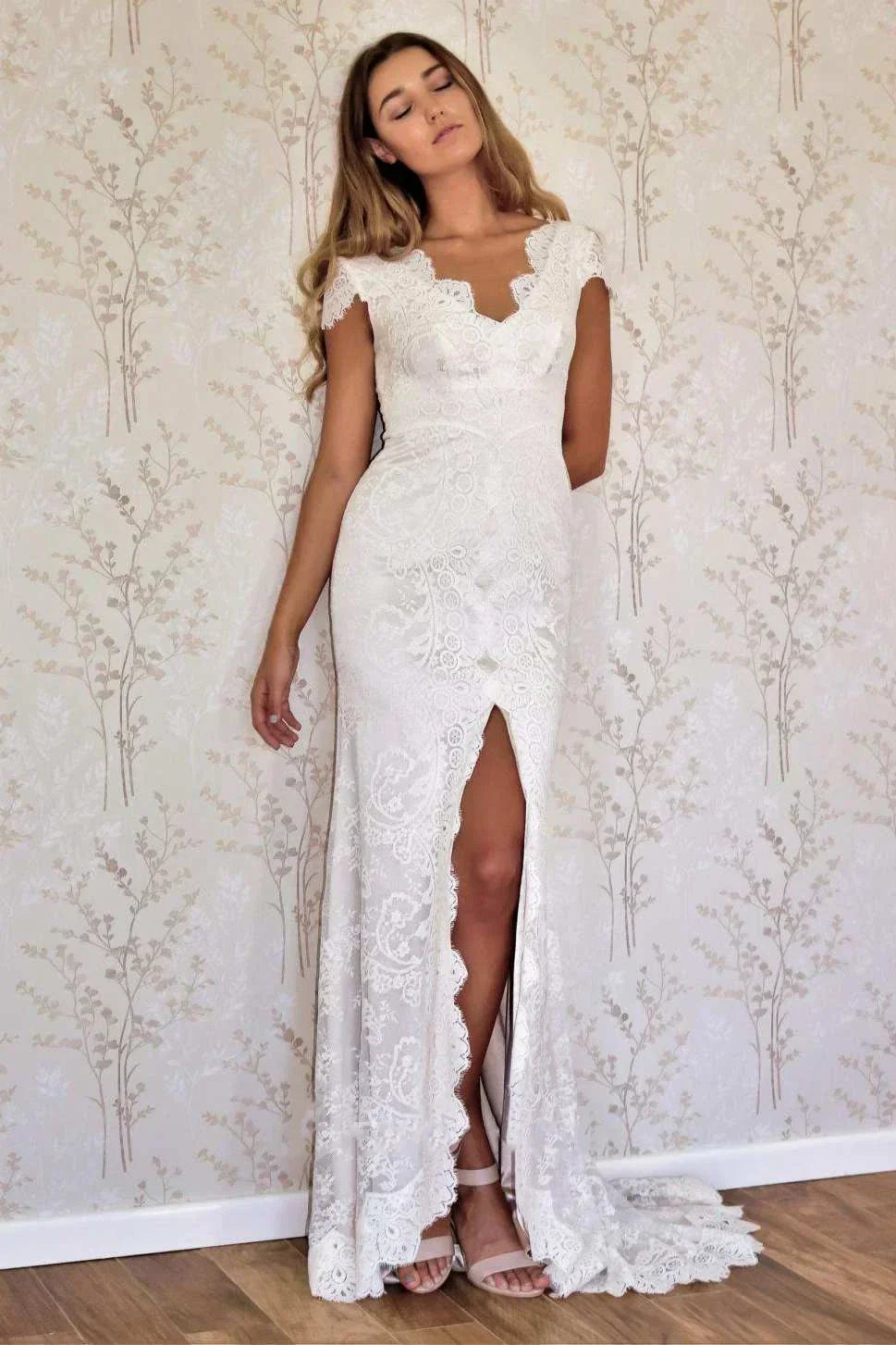 Cap Sleeve Satin Lace Split Mermaid Wedding Dress
