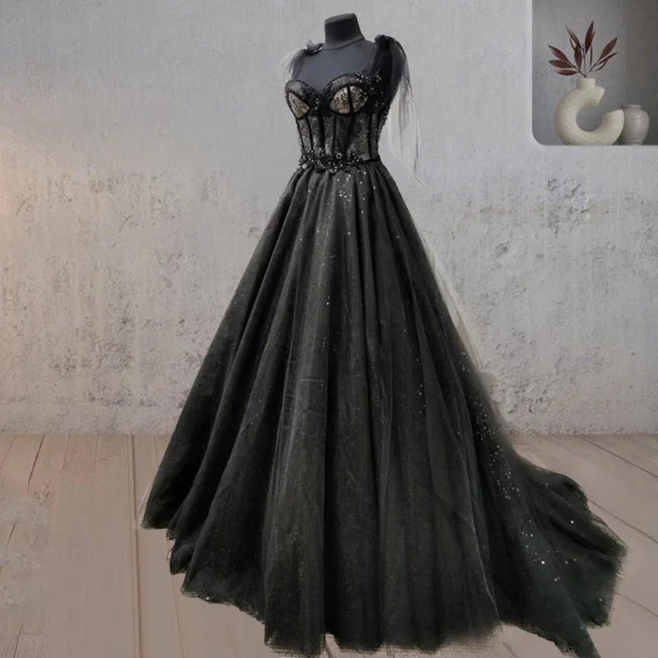 Glitter Lace Tulle Sweetheart Corset Court Black Wedding Dress