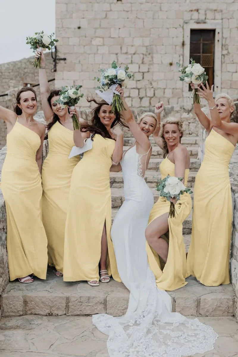 Sheath One Shoulder Light Blue Chiffon Slit Bridesmaid Dress