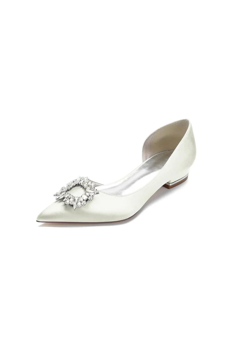 Satin Pointed Toe Kitten Heels With Rhinestone