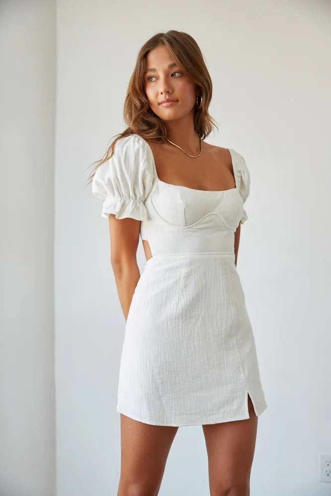 Drew Puff Sleeve Corset Linen Mini Dress