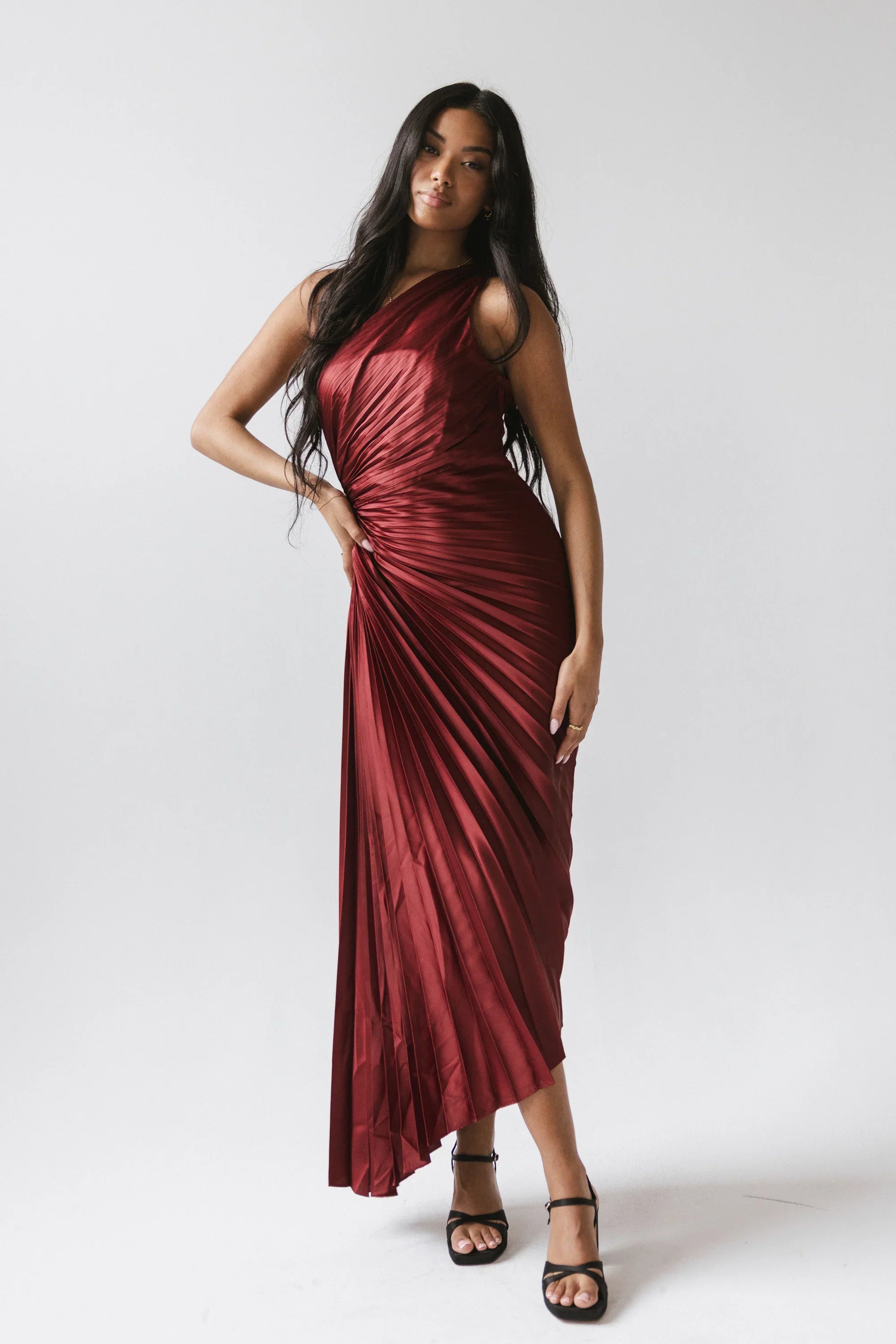 Asymmetrical Pleated Maxi Dress in Wine