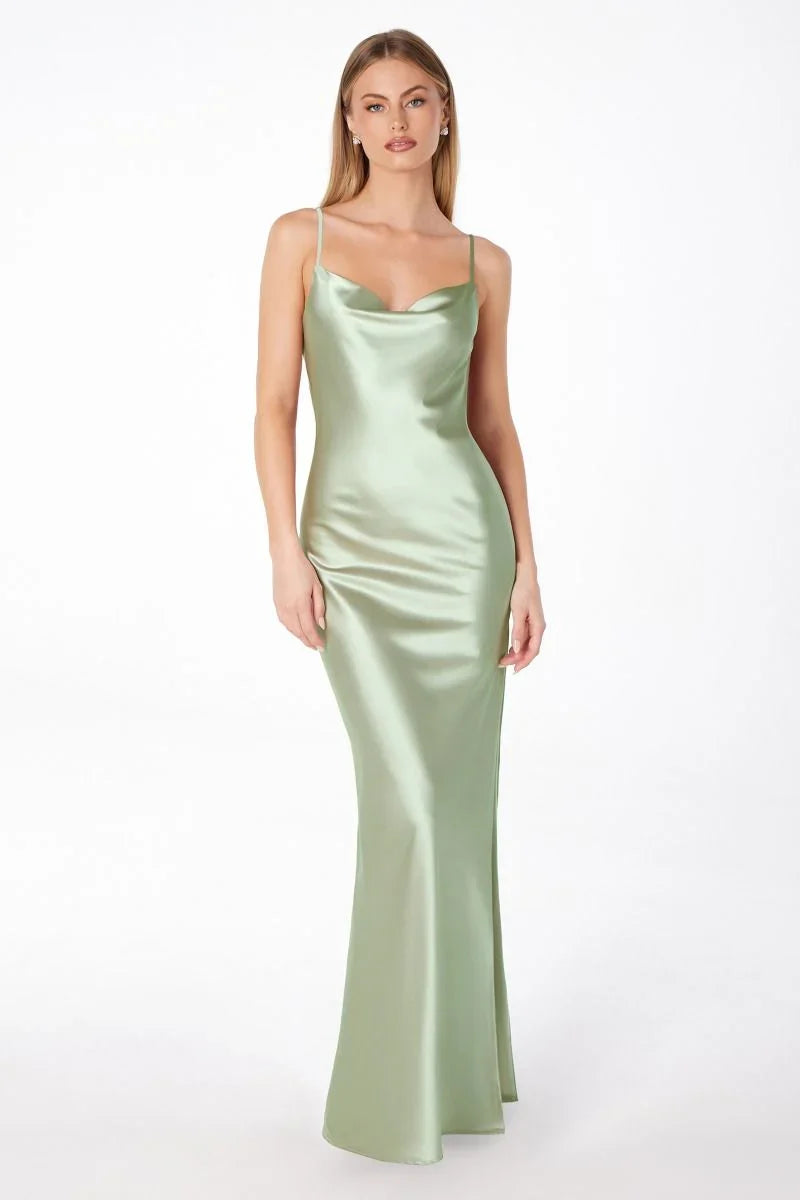 Lina Satin Cowl Neck Maxi Dress with Draped Back