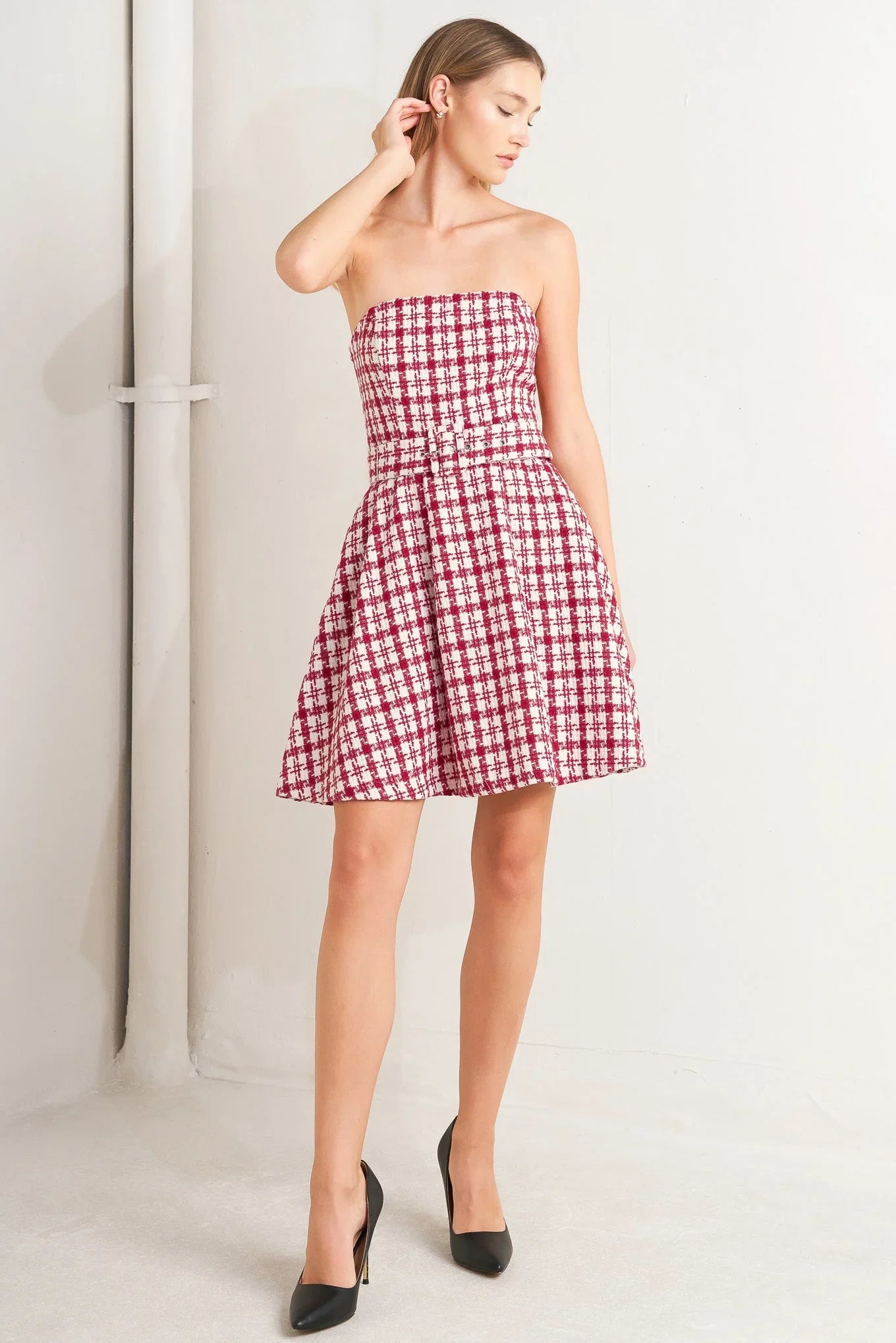 RED CHECK TWEED MINI DRESS