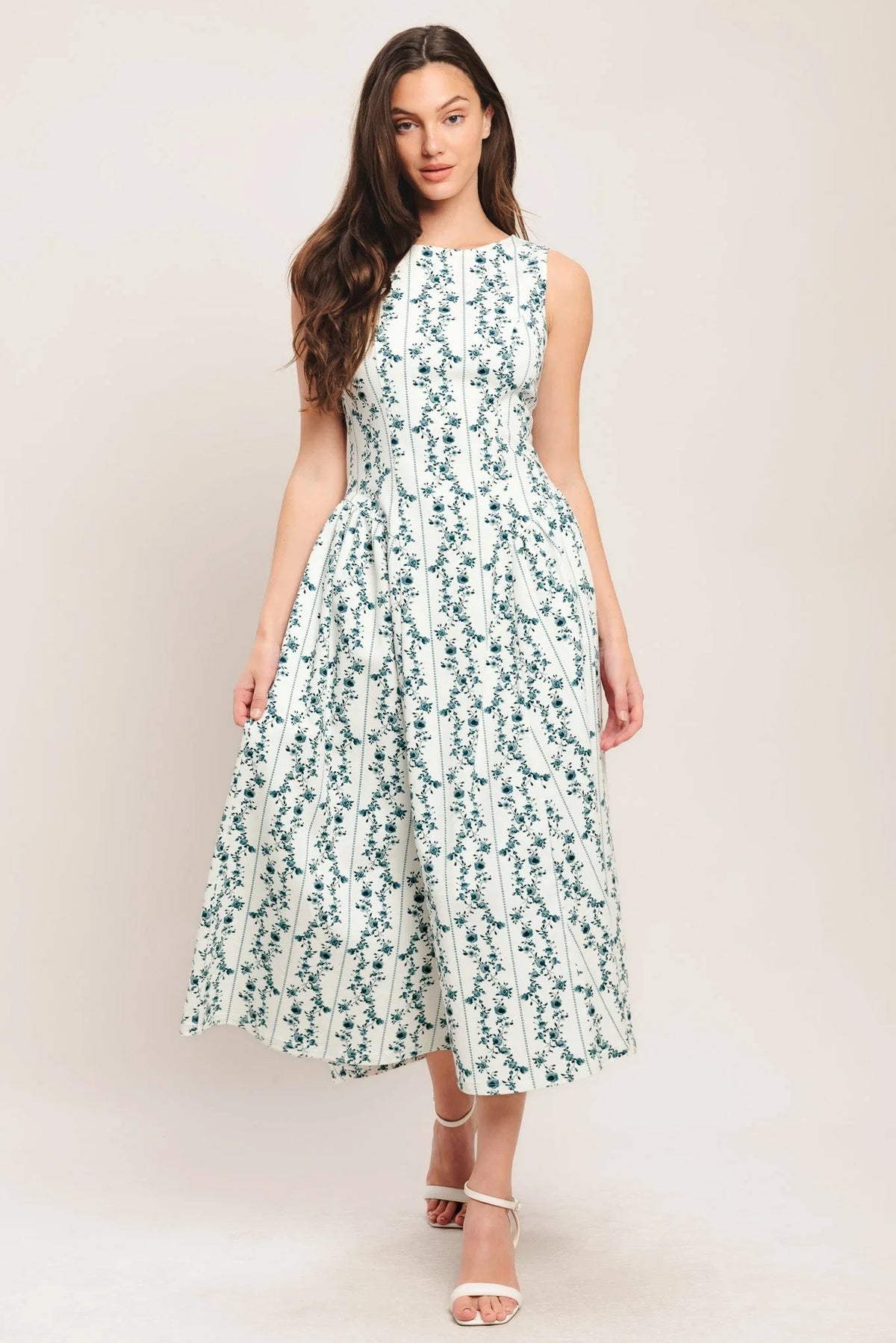 BLOOM COLUMNS BLUE FLORAL MIDI DRESS