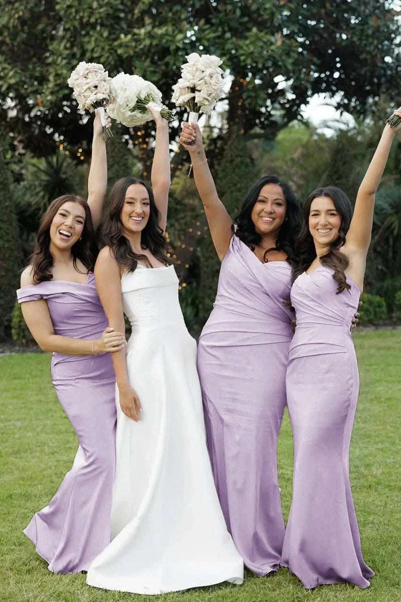 Mermaid Off the Shoulder Champagne Elastic Satin Long Bridesmaid Dresses