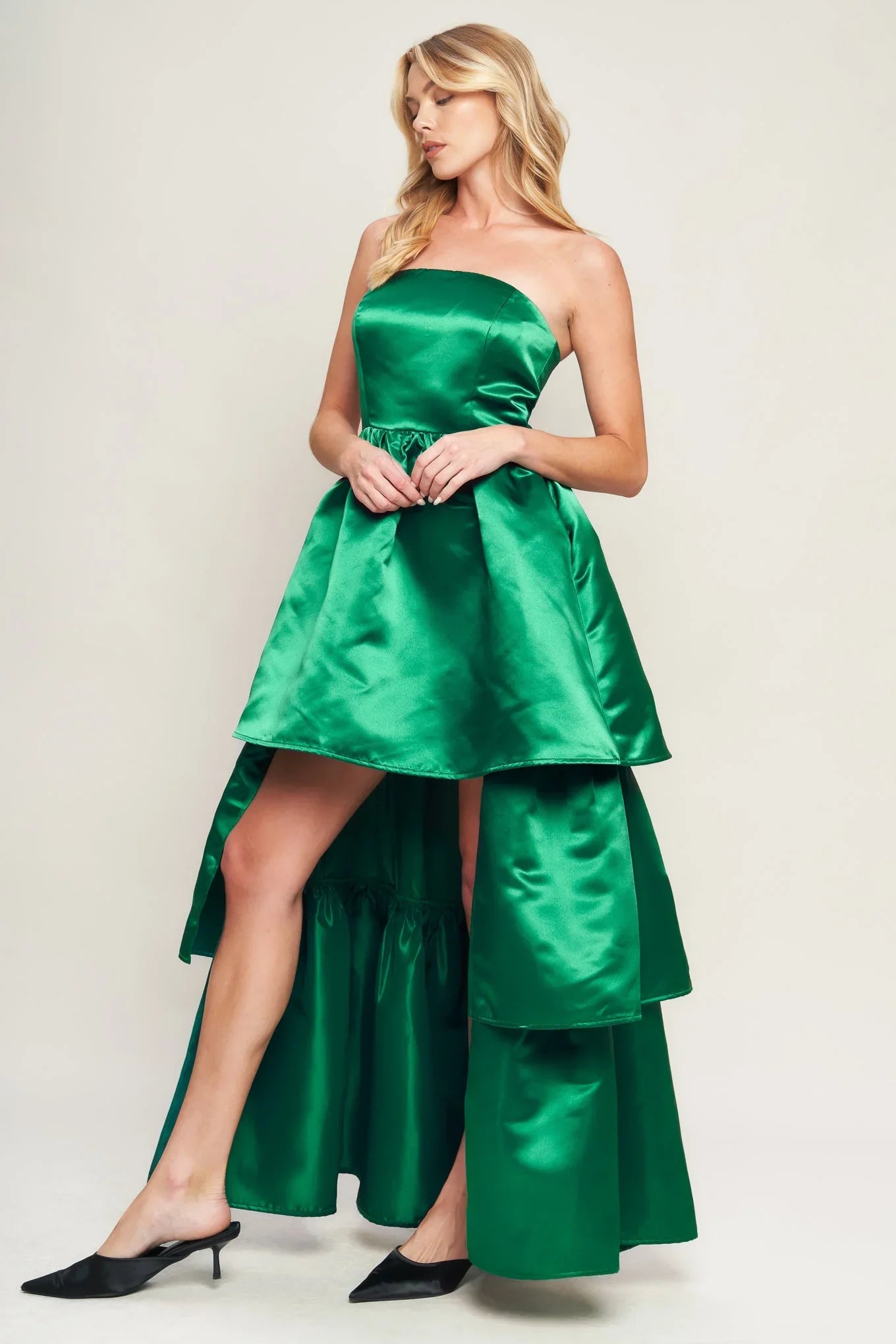 STRAPLESS GREEN SATIN MAXI DRESS WITH HIGH LOW HEM
