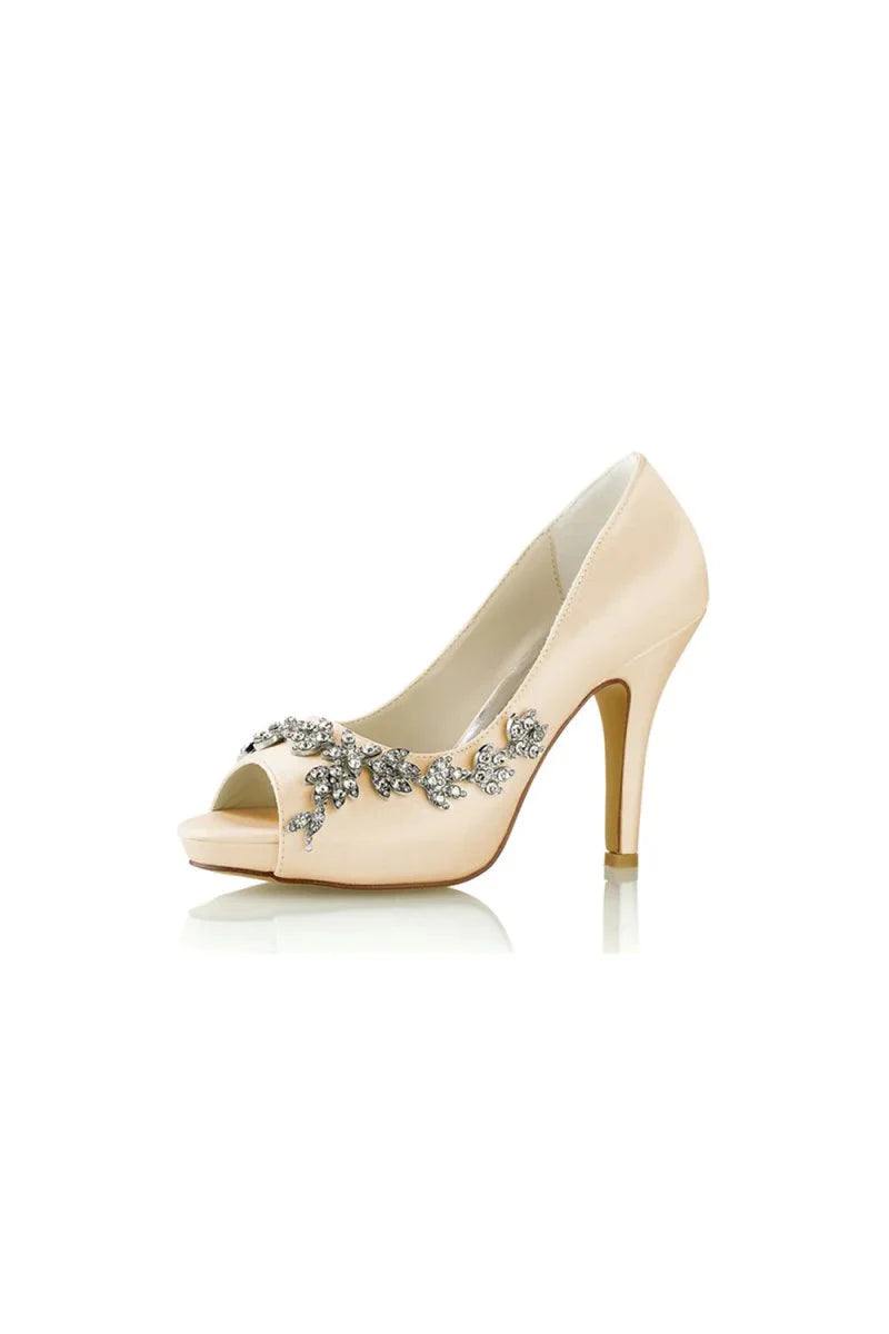 Champagne Satin Heels with Silver Metal Flower Ornament