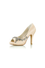 Champagne Satin Heels with Silver Metal Flower Ornament