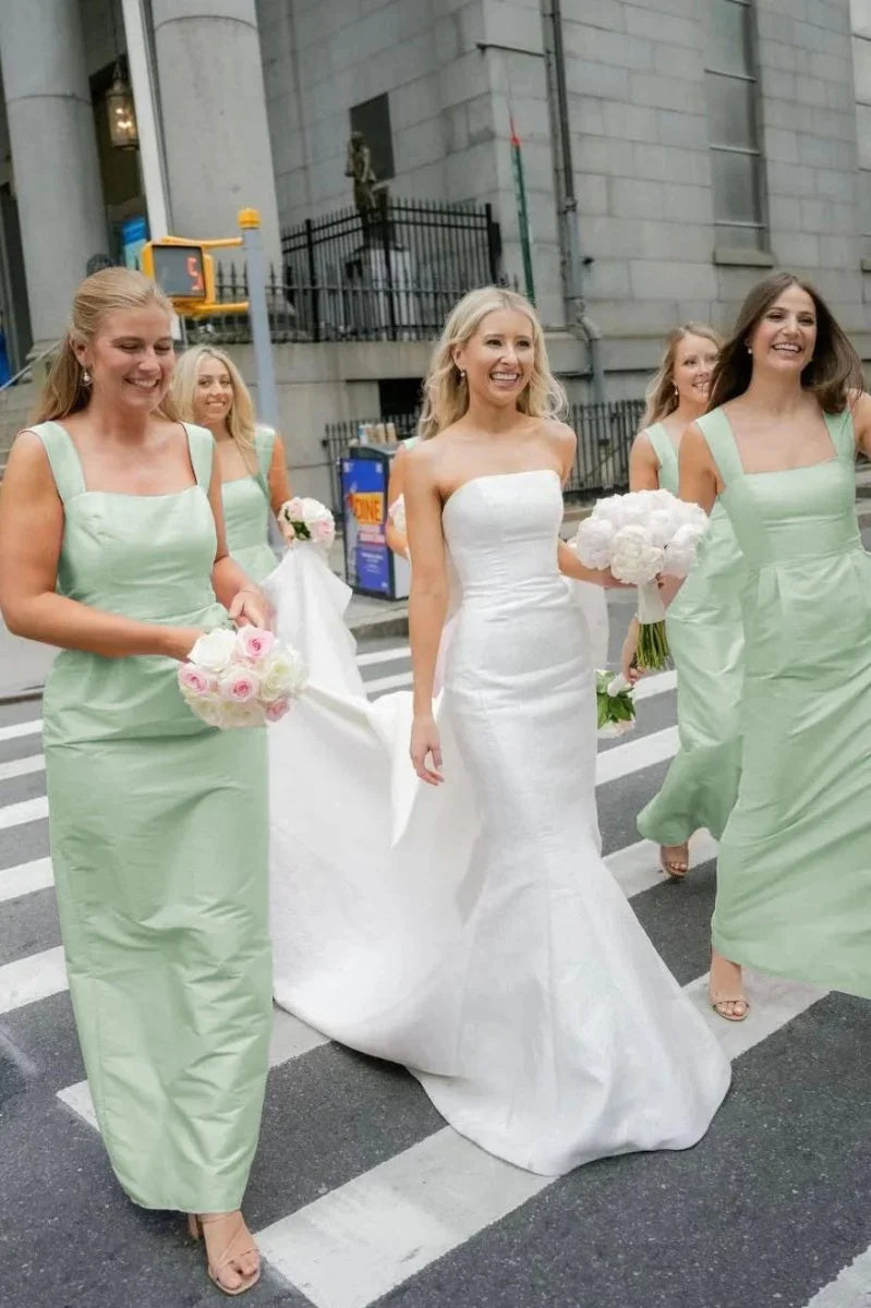 Pink Straps Sheath Square Neck Satin Sleeveless Long Bridesmaid Dress