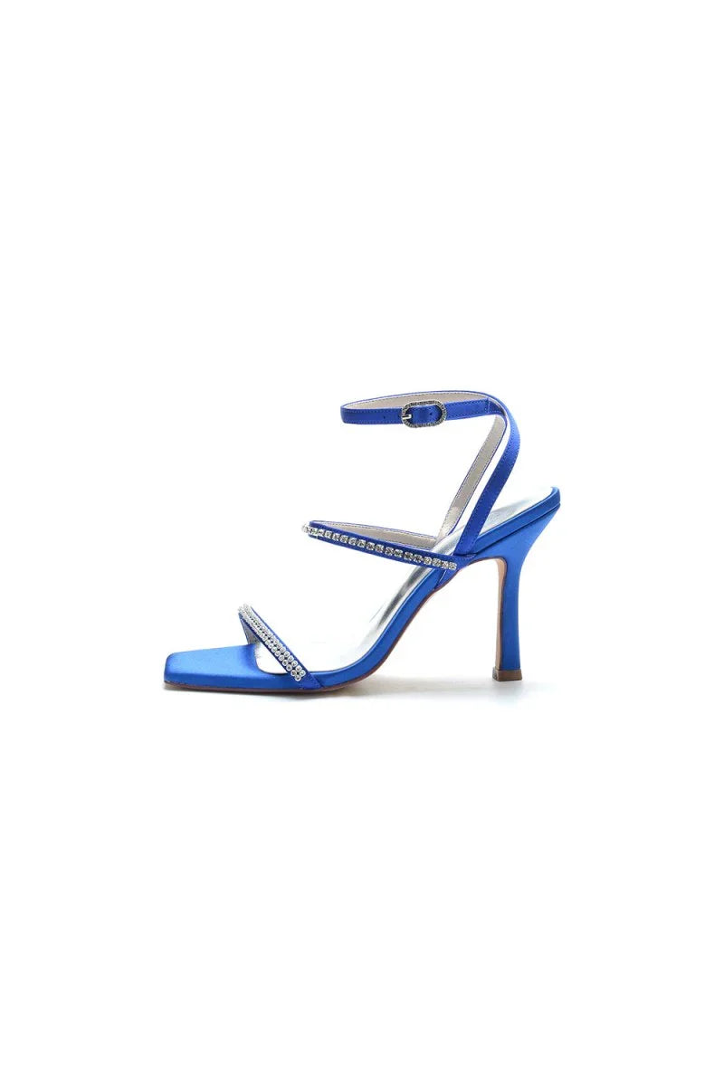 Crystal Cross Straps Square Open Toe Chunky Heels