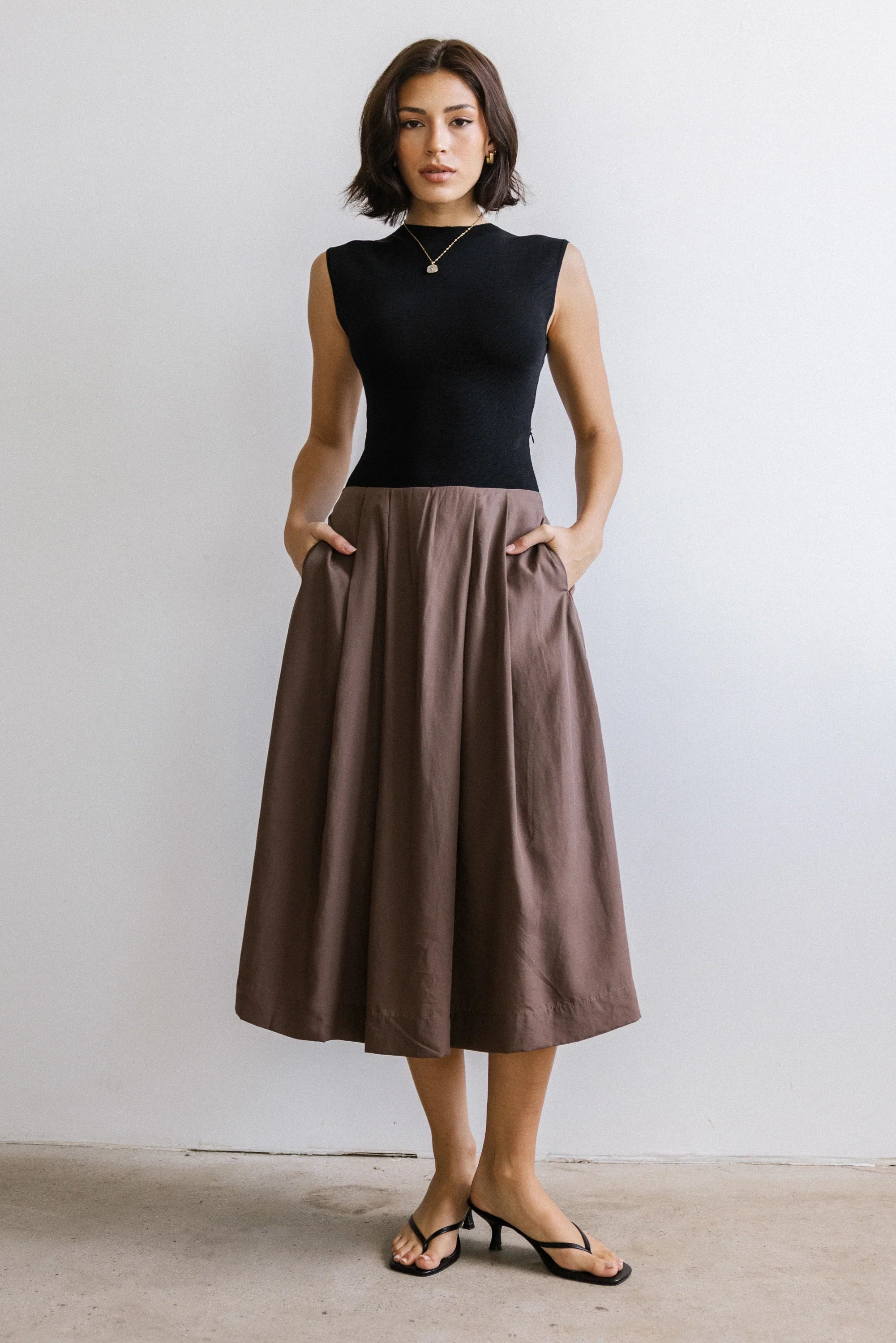 Tristan Mixed Media Midi Dress in Brown