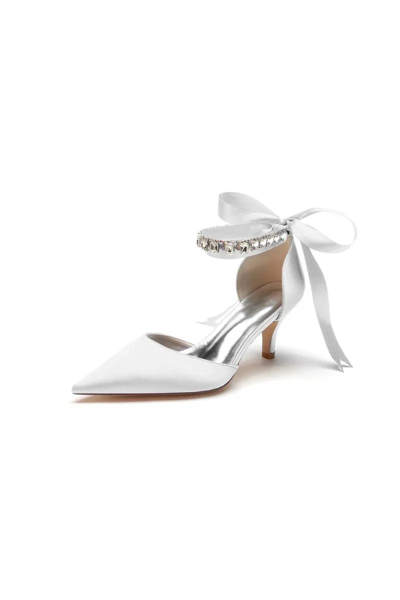 Pointed Toe Ribbons Kitten Heels With Diamond