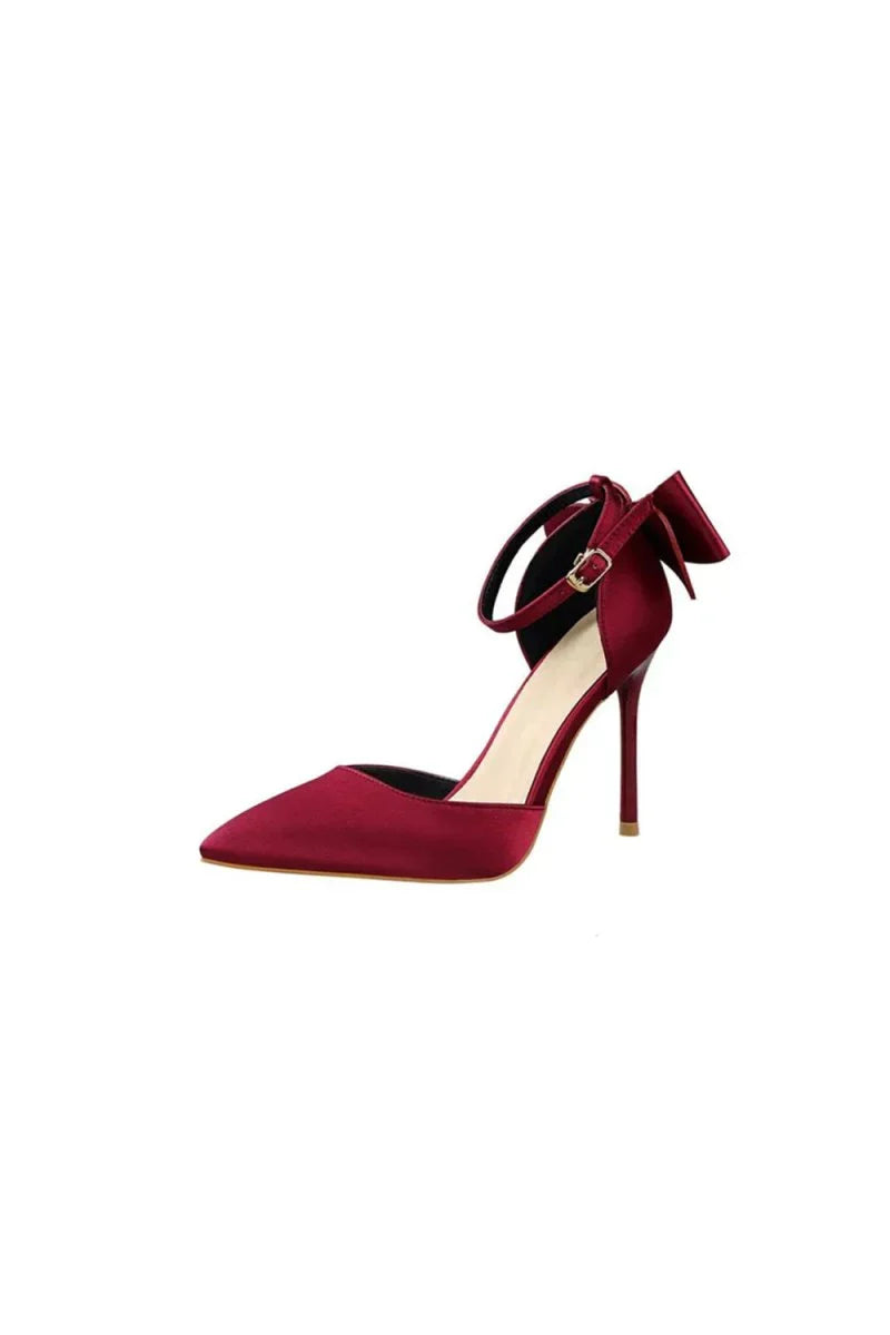Burgundy Satin Prom Heels with Bowknot