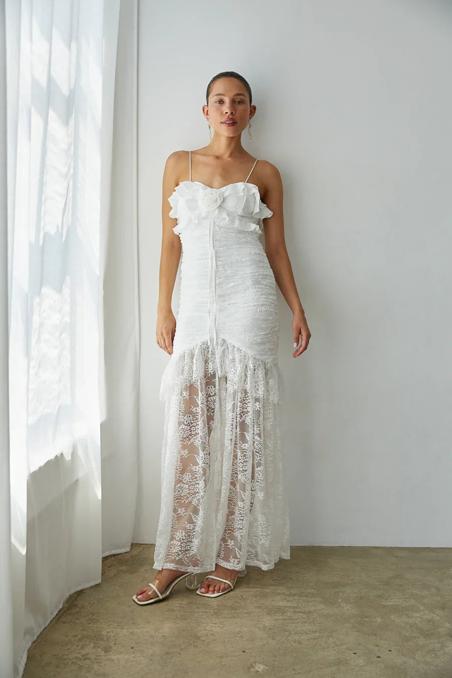 Aphrodite Lace Ruched Rosette Maxi Dress