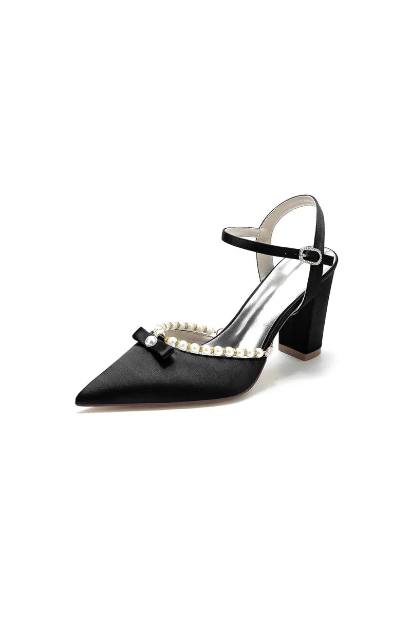 Pearl Pointed Toe Ankle Strap Chunky Heels With Bow