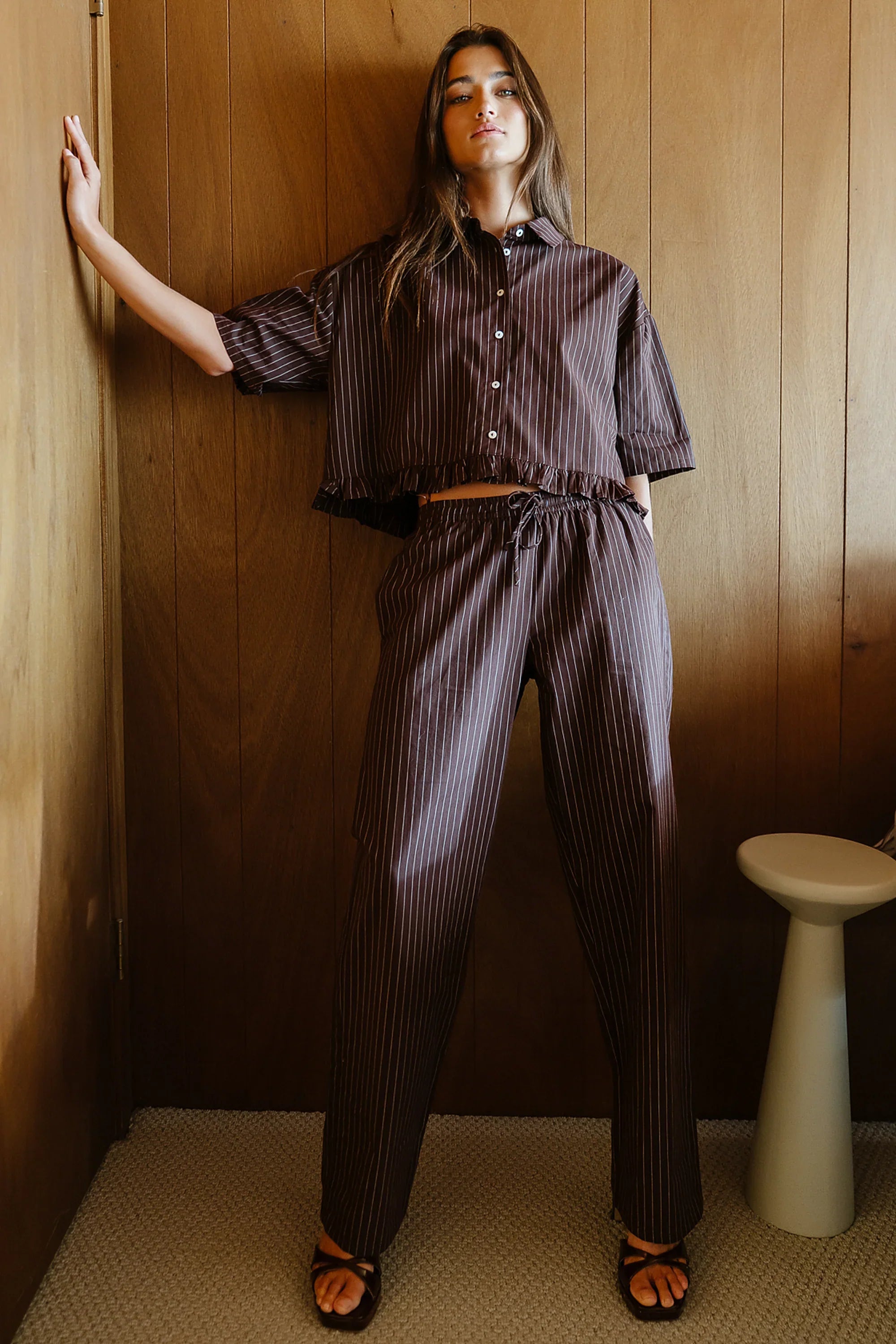 Melody Pinstripe Wide Leg Pants in Dark Brown