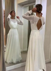 Bohemian Long Sleeves A Line Open Back Modest Chiffon Wedding Dress