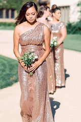 One Shoulder Rose Gold Sequins Sheath Long Bridesmaid Dress
