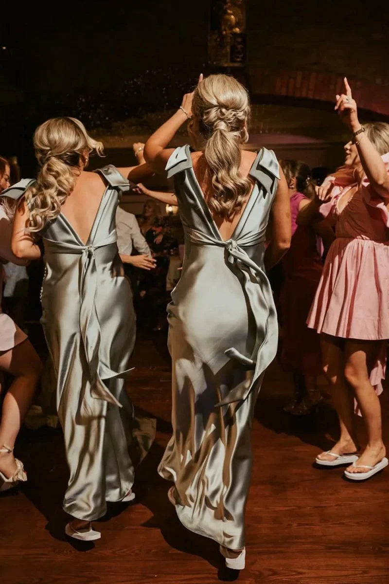Sheath V Neck Sage Green Silk Satin Bridesmaid Dress with Bow