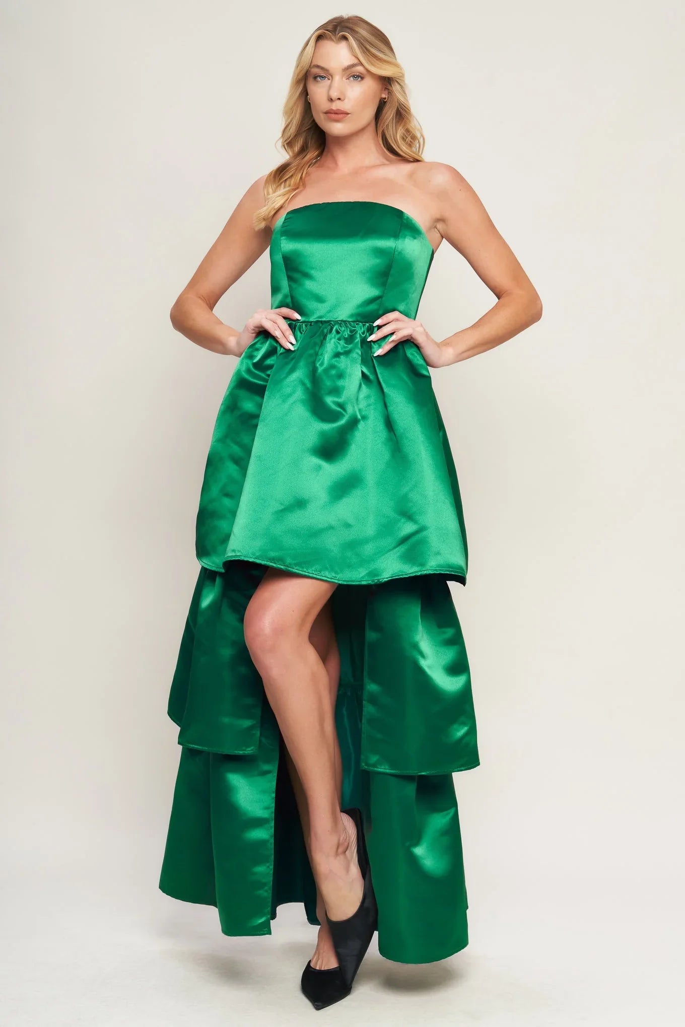 STRAPLESS GREEN SATIN MAXI DRESS WITH HIGH LOW HEM