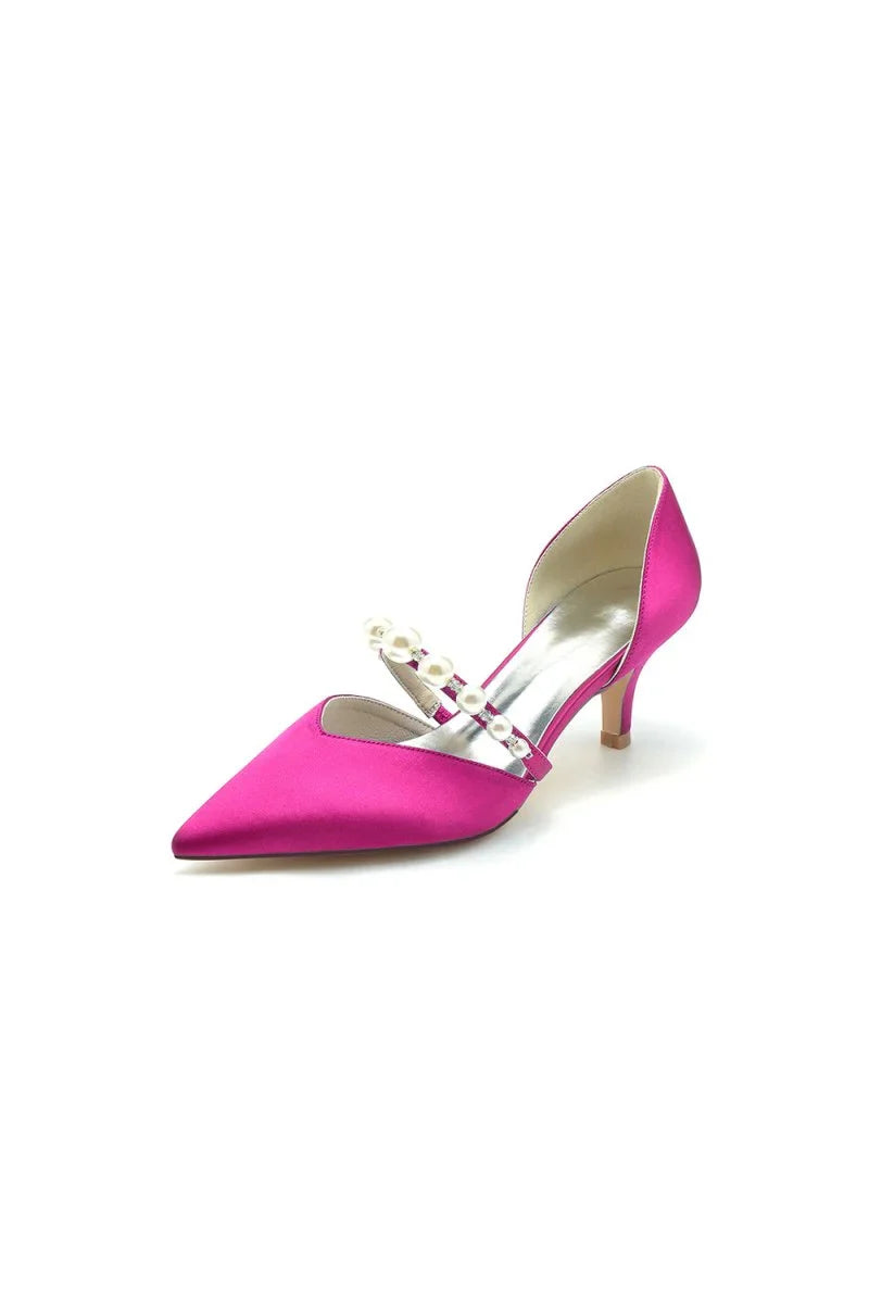 Elegant Satin Pointed Toe Heels with Pearl Strap