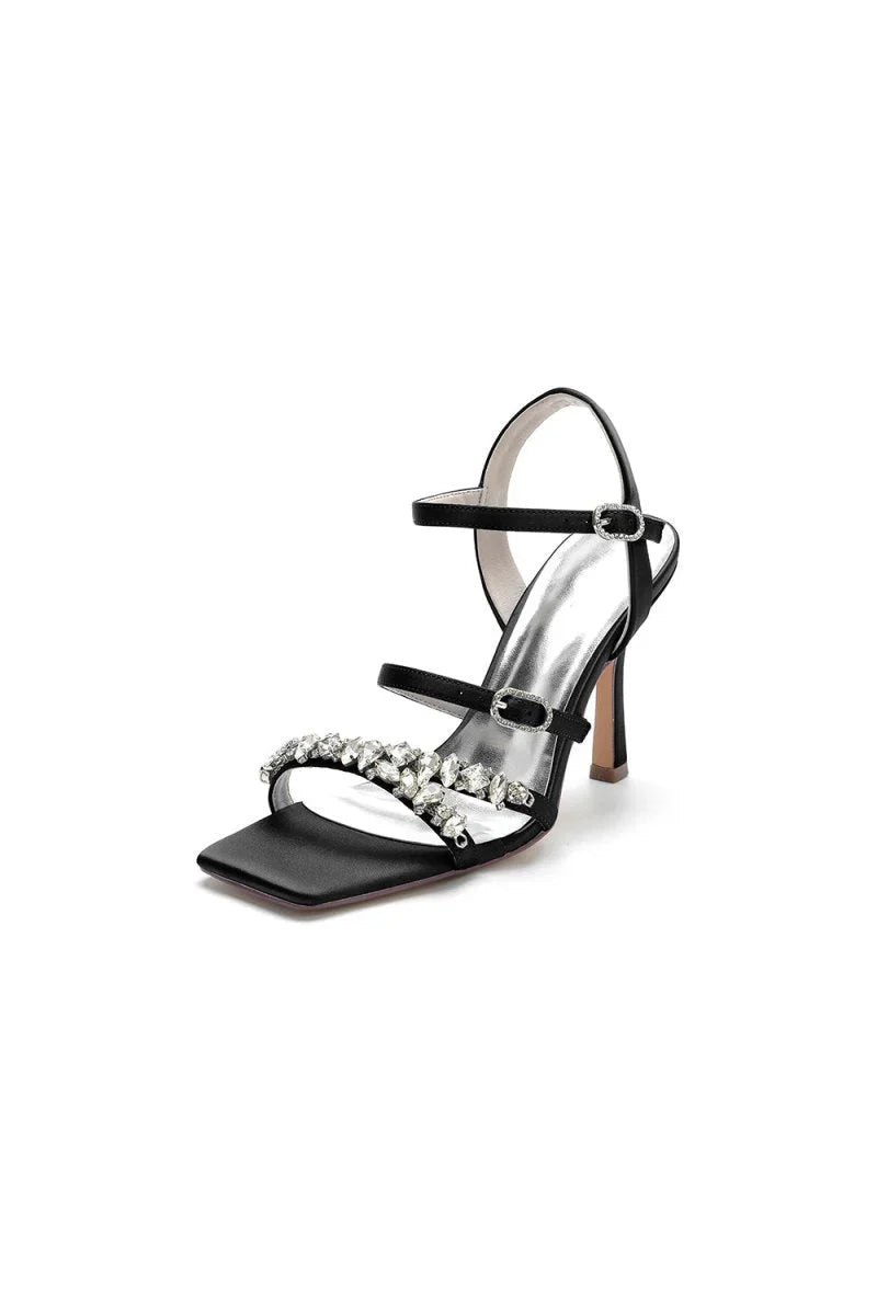 Crystal Buckle Straps Square Open Toe Chunky Heels