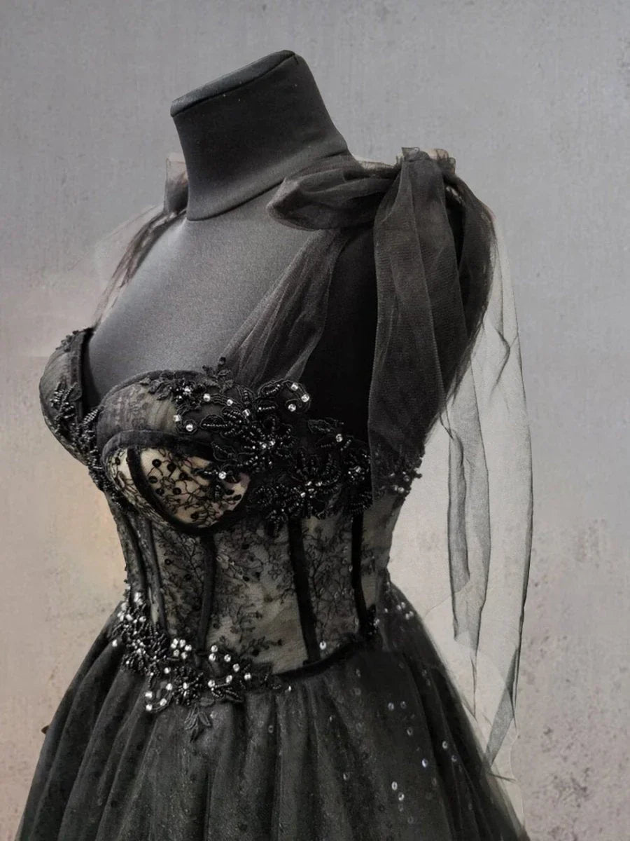 Glitter Lace Tulle Sweetheart Corset Court Black Wedding Dress