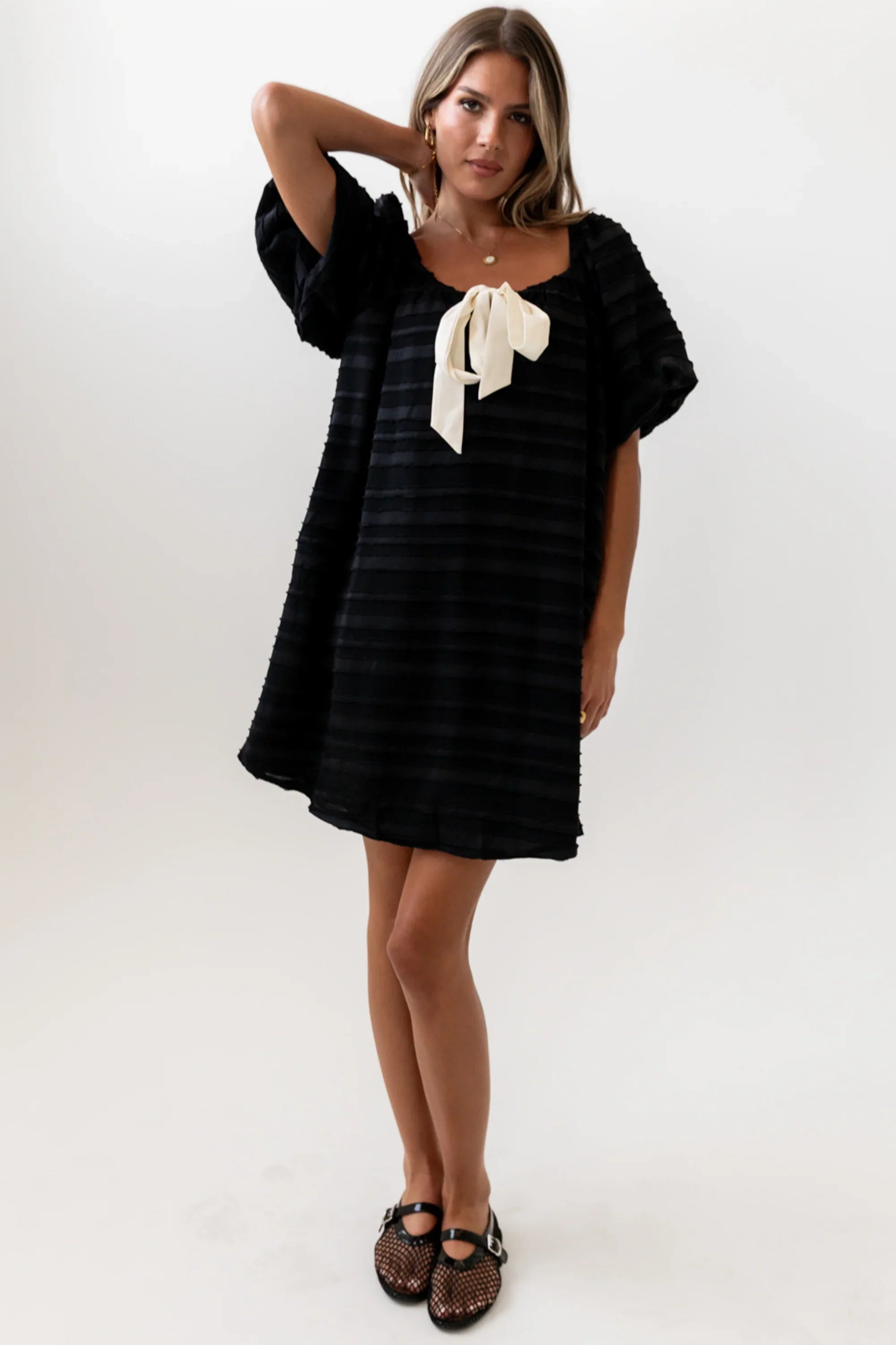 Minnie Textured Baby Doll Dress in Black