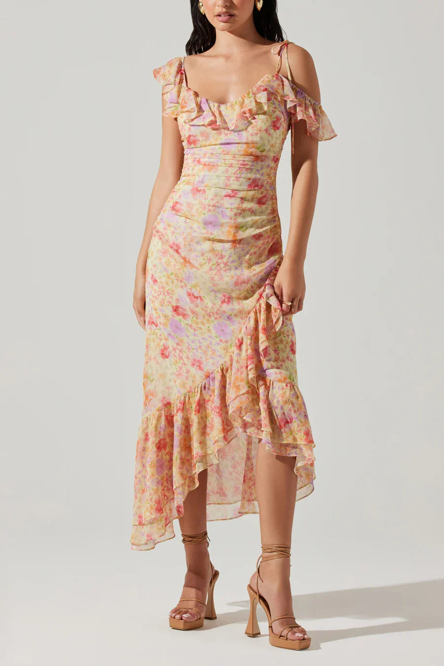 ASTR Luvita Floral Ruffle Chiffon Midi Dress