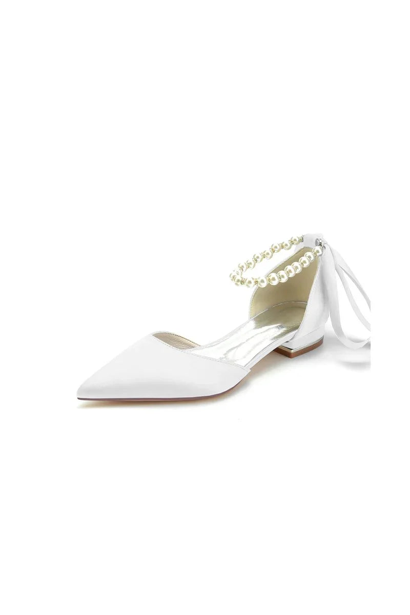 Pearl Ribbon Pointed Toe Ankle Strap Kitten Heels