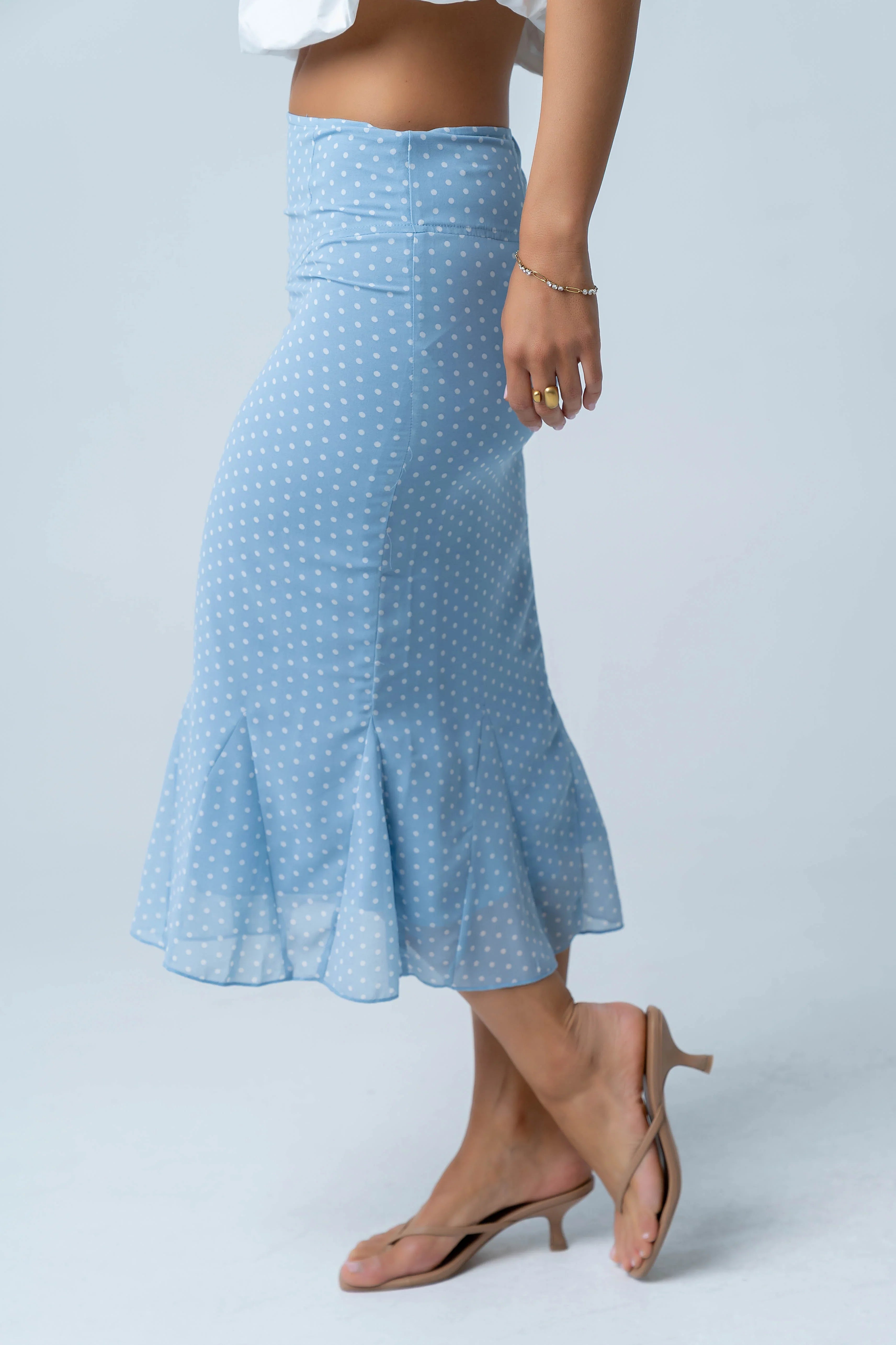 Gigi Polka Dot Midi Skirt in Blue
