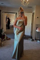 Strapless Olive Green Satin Sheath Long Party Dress