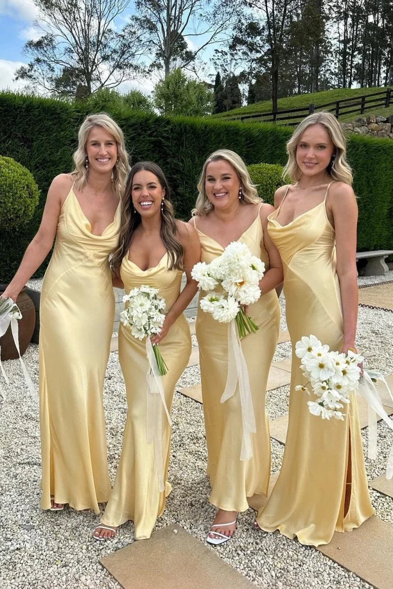 Cowl Neck Yellow Soft Satin Sheath Bridesmaid Dress