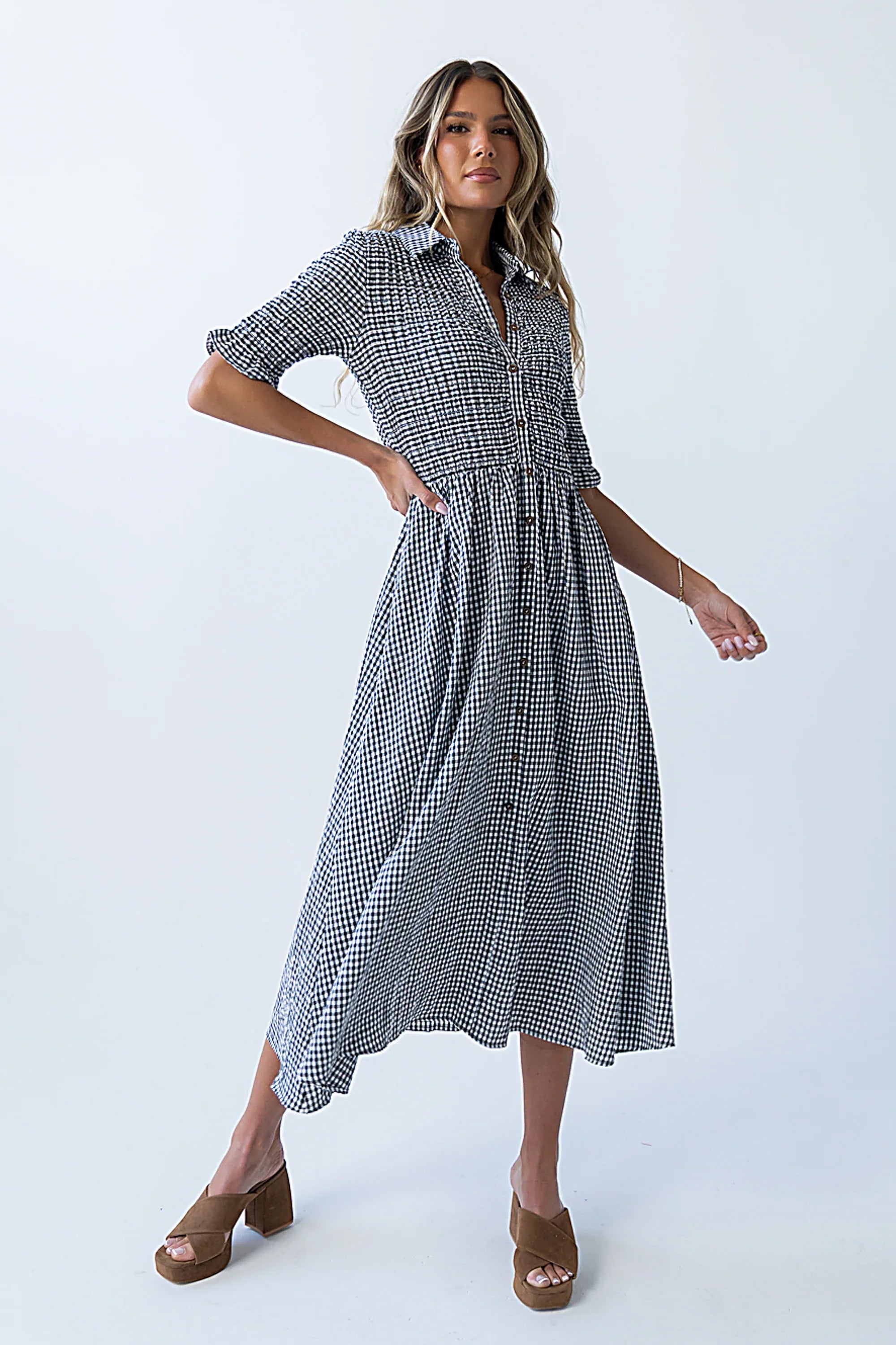 Jonas Gingham Midi Dress in Black