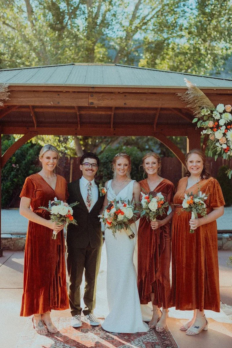 Sheath V Neck Rust Velvet Long Bridesmaid Dresses